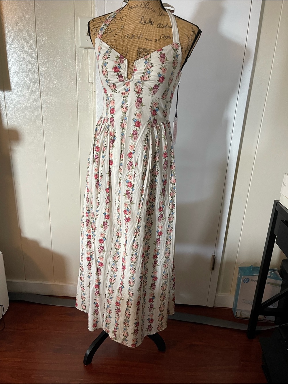 Floral Halter Maxi Dress in Cream with Pink Rose Print